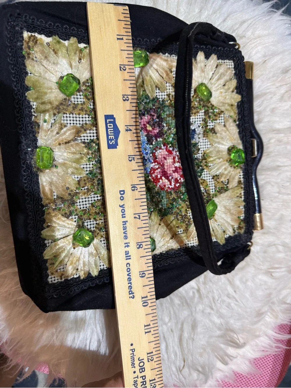 Vintage Embellished Black Floral Beaded Top-Handle Bag|Green big Rhinestones